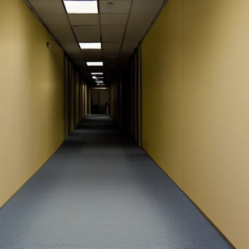 Image similar to liminal abandoned office hallways with walls and carpeting with a monochromatic tone of pale yellow, fluorescent lights, pale yellow walls, pale yellow carpet flooring, european office