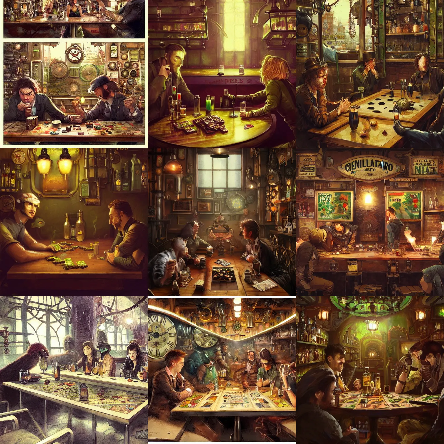 Prompt: Kiwis kiwi fruits fruit kiwi kiwis in the interior of a steampunk pub, Greg Rutkowski, Milo Manara, night time, smoking cigarettes, playing board games, highly detailed, Quentin Tarantino movie posters, pulp fiction, level design, concept art, artstation, cgsociety, zenith view