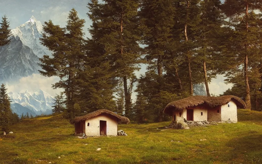 Prompt: a small hut with a pointed wooden roof, a round window, behind 3 large fir trees, in the background the swiss alps, artem demura