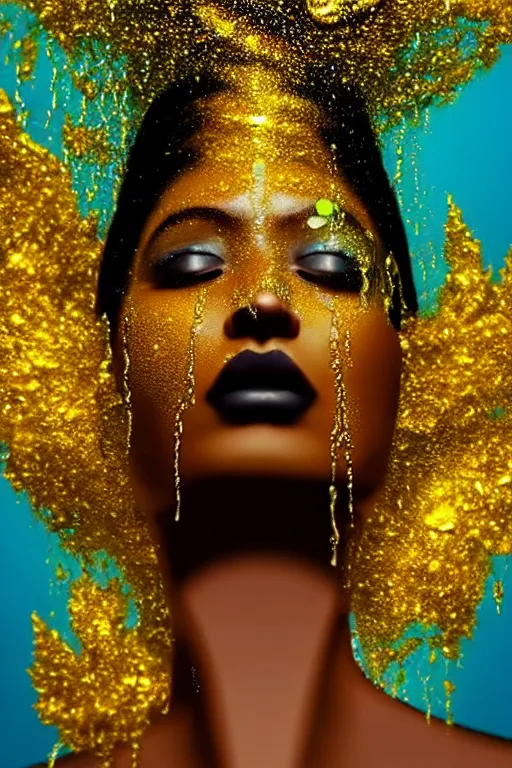 Image similar to hyperrealistic post - dada cinematic very expressive! profile black oshun goddess, in water!! up to shoulders, mirror dripping droplet!, gold flowers, highly detailed face, digital art masterpiece, smooth eric zener cam de leon, dynamic pearlescent turquoise light, low angle uhd 8 k, sharp focus