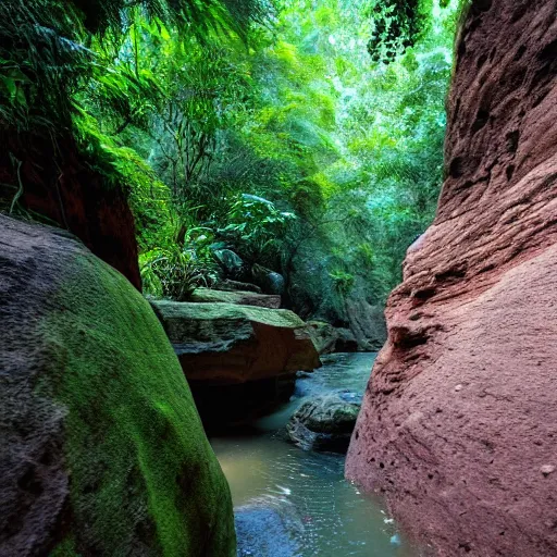 Image similar to a canyon in the middle of a tropical rain forest.