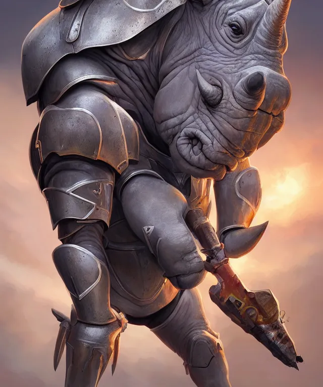 Prompt: A beautiful portrait of an anthropomorphic rhino wearing paladin armor, character design, by Pixar style by Tristan Eaton_Stanley Artgerm and blizzard studios and Tom Bagshaw, hyper realism, high detail, trending on artstation, unreal engine 5, Lumen, 8k, 38mm photography