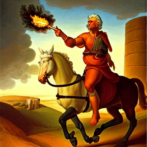 Prompt: painting of yair lapid holding a flaming torch and riding a white mule at the gates of jerusalem, in the style of michaelangelo, intricate, high detail