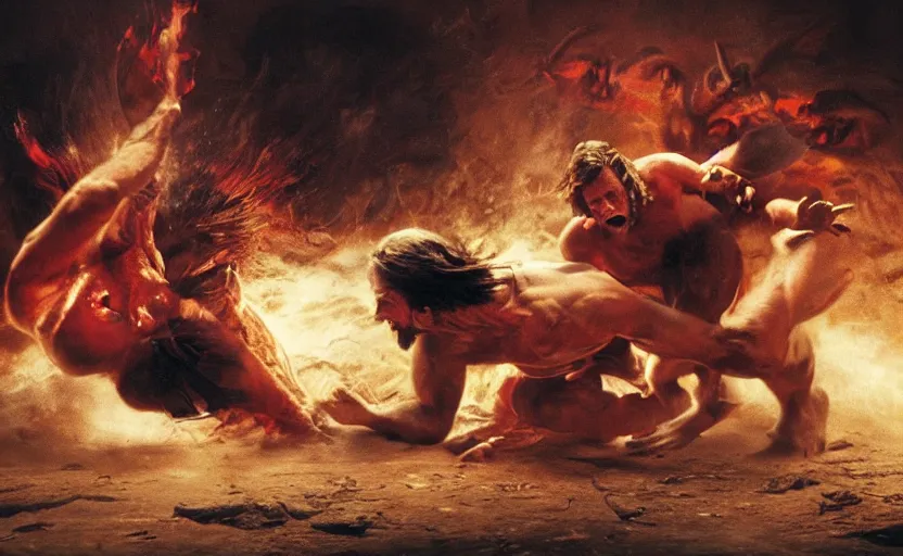 Image similar to hyperrealistic photo of Jesus Christ pummeling red-skinned Satan devil demon Lucifer in the face on the floor to a pulp, 8k cinematic, epic fight scene, stunning composition, DSLR focus on the subjects