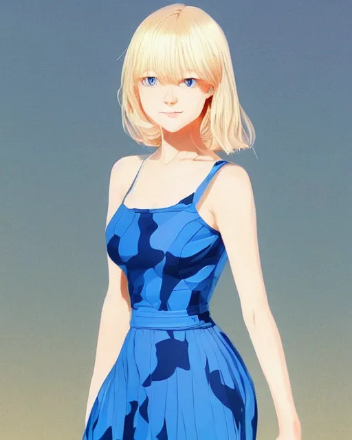 Image similar to infinitely detailed full - body portrait pale female beautiful blonde haired woman with sparkling blue eyes. wearing blue dress, beautiful! scenery art! by wlop & murata range, by ilya kuvshinov. artstation!! / pixiv!!