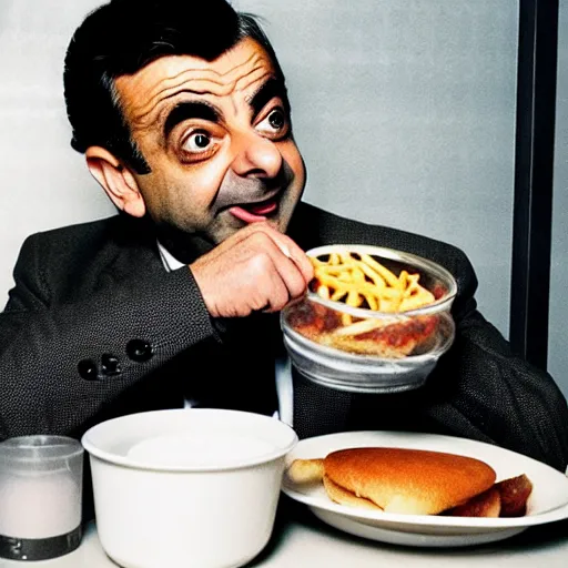 Image similar to photo of rowan atkinson eating inside of a mcdonald's restaurant, highly detailed, extremely high quality, hd, 4 k, 8 k, professional photographer, 4 0 mp, lifelike, top - rated, award winning, realistic, detailed lighting, detailed shadows, sharp, no blur, edited, corrected, trending