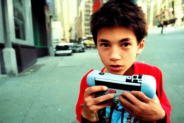 Image similar to closeup potrait of a boy carrying a nintendo 64 in 1996 new york , photograph, natural light, sharp, detailed face, magazine, press, photo, Steve McCurry, David Lazar, Canon, Nikon, focus