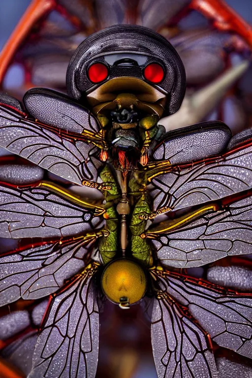 Prompt: a macro photograph of a pixar bio - mech cyborg dragonfly surrounded by sacred geometry by adam gor, by javier ruperez, by ellen jewett, 8 k