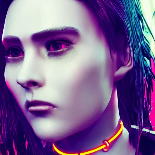 Prompt: headshot portrait of cyberpunk woman wearing thick steel choker around neck, 4K, detailed face, collar on neck, realistic, artstation, neon,