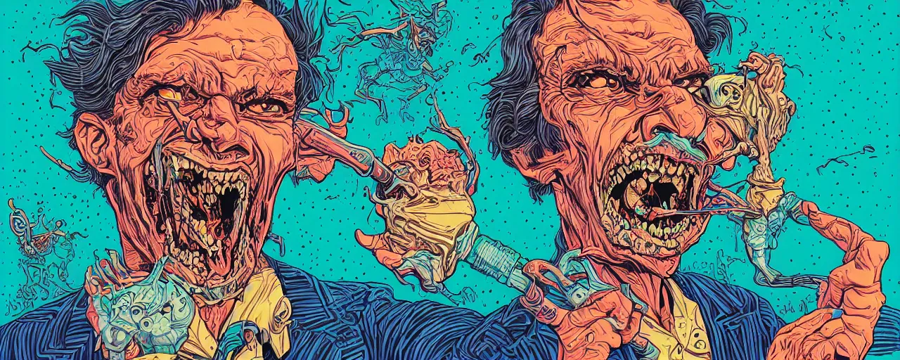 Prompt: portrait of a mad man screaming eating another head, by josan gonzales and Dan Mumford, santacruz art style