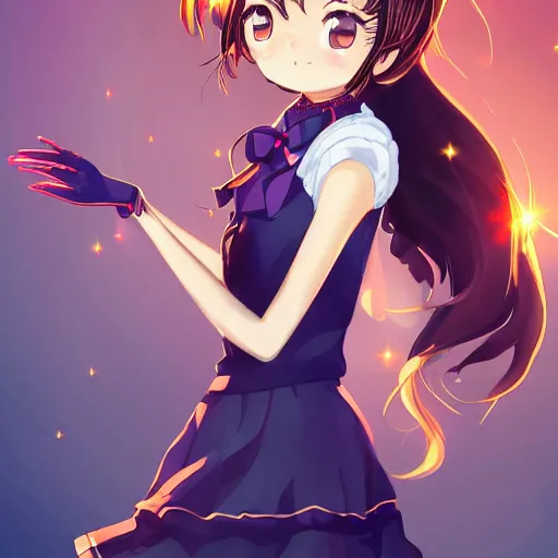 Image similar to beautiful illustration of anime maid, stunning and rich detail, pretty face and eyes. Full-body shot, upper body. Lights, lens flares