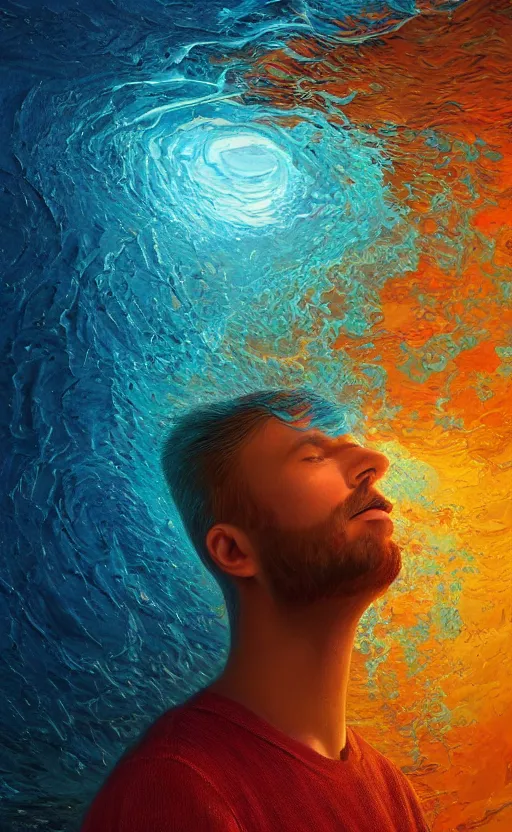 Image similar to a dream oil painting hyperrealism of a beautiful man in a sea maelstrom, 8 k resolution, octane render, trending on artstation, by gediminas pranckevicius, volumetric light 2 blue fractal thunder glow by dan mumford, anaglyph effect, laurie lipton