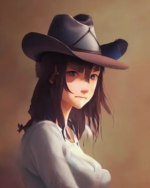 Image similar to a very cute cowgirl wearing a cat hat, medium shot, ambient lighting, visible and detailed face, by makoto shinkai, stanley artgerm lau, wlop, rossdraws