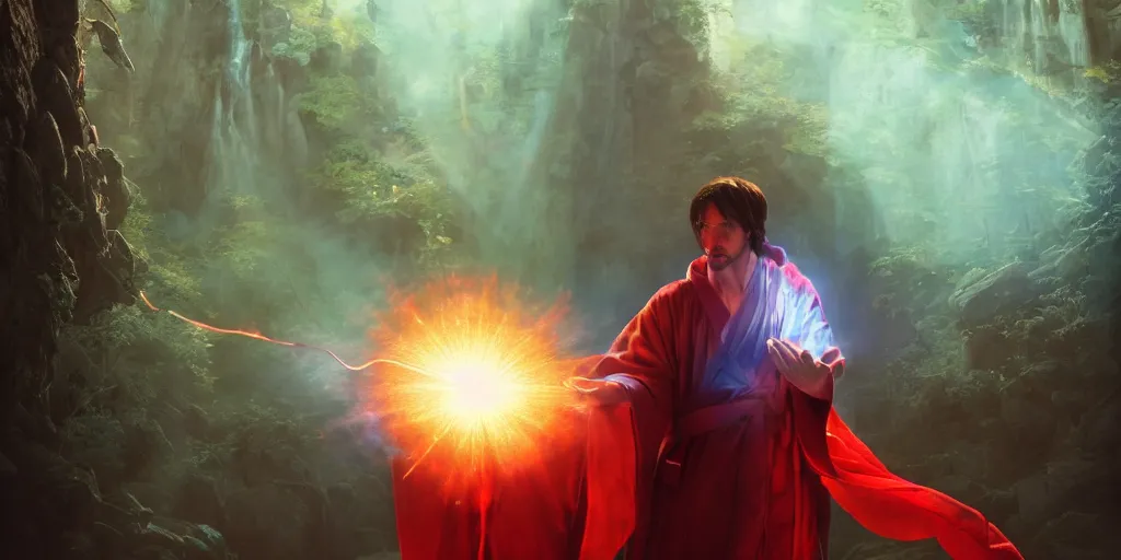 Prompt: a caucasian male mage in a flowing robe, he is casting a spell with blue and red colors. light rays, medium shot, waist up, sharp focus, bloom, dramatic lighting, very detailed, unreal engine, octane render, trending on artstation, by jason chan, john j. park, maciej kuciara and dan luvisi style