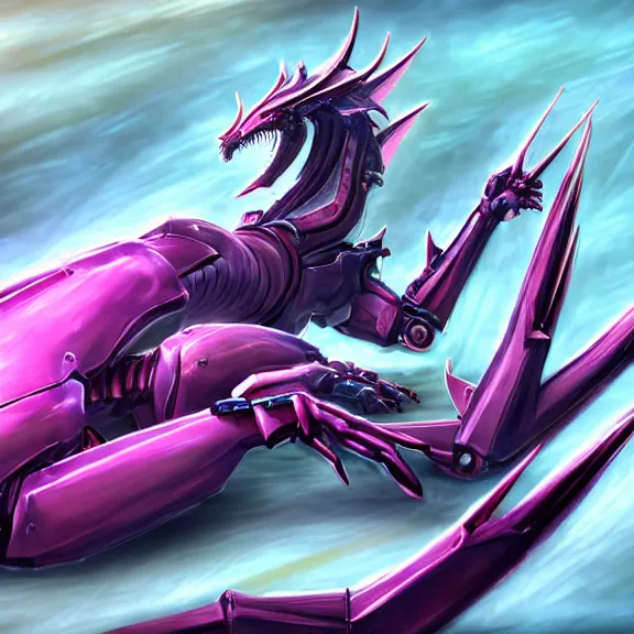 Image similar to very close up foot pov shot, hyperdetailed elegant beautiful stunning anthropomorphic mecha female dragon showing sharp clawed soles close up to camera, lying on beach, detailed foot pov, soft pads, sharp silver armor, fuchsia skin, anthro dragon art, warframe fanart, paw art, furry paws, furaffinity, deviantart, octane, ekasportal