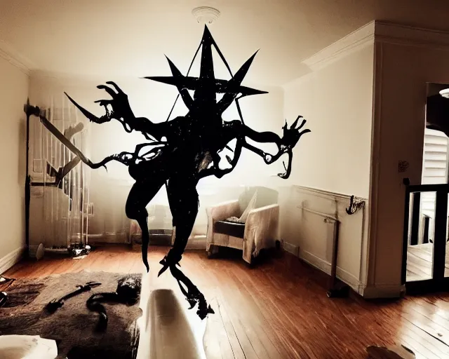 Prompt: transparent horror demon evil spirit attacks in living room with pentacle out interior photos shot on iphone, dynamic pose, full body shot, sharp focus, grainy, corpse, paranormal flashlight, deep night,,