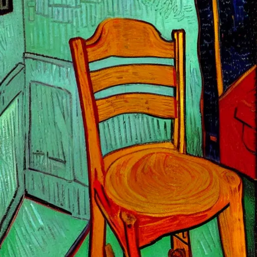 Prompt: Dachshund on a chair, in a bedroom, painted by Vincent Van Gogh