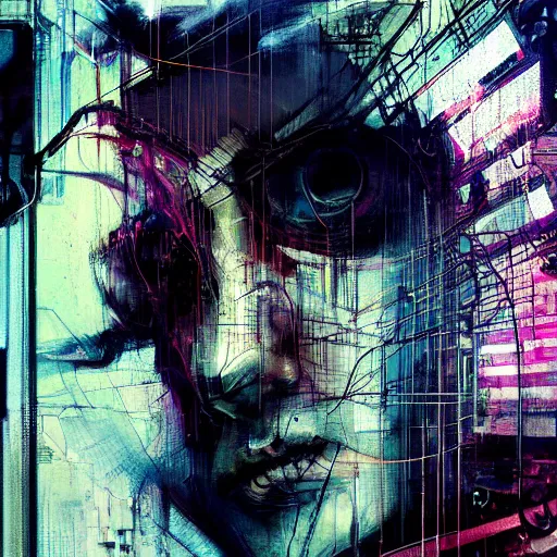 Prompt: cyberpunk lost in a glitchcore world of wires, and machines, by jeremy mann, francis bacon and agnes cecile, and dave mckean ink drips, paint smears, digital glitches glitchart
