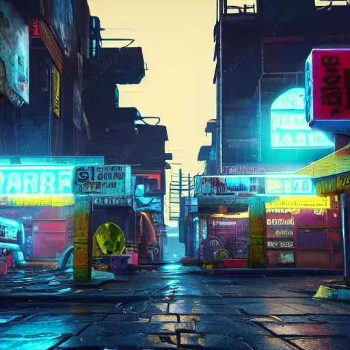 Prompt: cyberpunk style slum street with shops with neon sign in night, photorealism, unreal engine, 8 k, volumetric lighting, beeple style