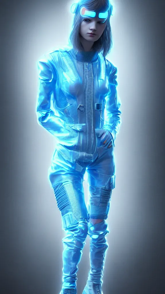 Image similar to full body shot of young punk woman dressed in futuristic cyberpunk clothing, soft blue light, by rineke dijkstra and artgerm, intricate details, highly detailed, masterpiece, 8 5 mm