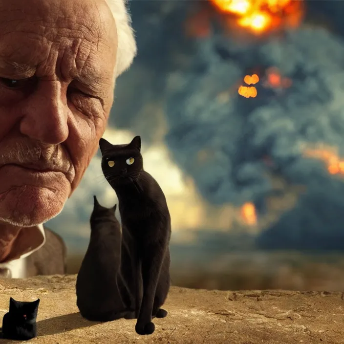 Image similar to cinematic movie close up shot, background blur bokeh, old man sitting with black cat watching nuke explosion close up!, world ending nuke, 4 k