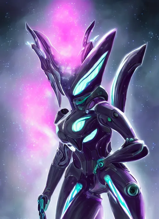 Image similar to cinematic shot, bust, cosmic sized perfectly proportioned stunning beautiful hot female warframe, robot mecha female dragon head, silver armor, fuschia leds, floating in empty space, nebula sized, holding a galaxy, epic proportions, epic size, epic scale, furry art, dragon art, giantess art, warframe fanart, furaffinity, deviantart