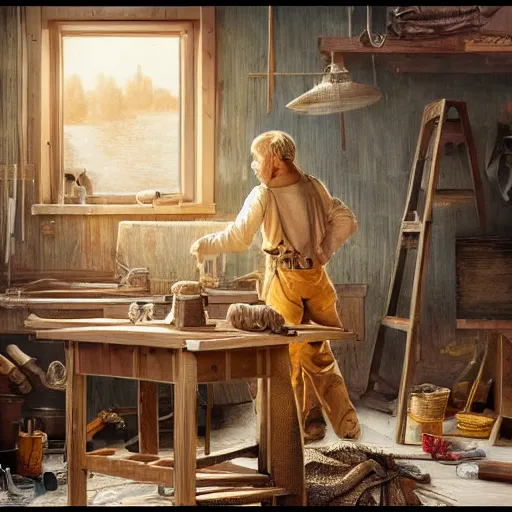 Prompt: highly detailed oil painting | very intricate | cinematic lighting | award - winning | golden retriever working as a simple carpenter fine craftsman | building a wooden table in their well organized clean workshop | beautiful cinematic light, american romanticism, by huang guangjian, gil elvgren, ruan jia, randy vargas, greg rutkowski, artstation, cgsociety, official art, octane