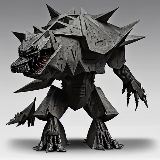 Image similar to a fusion between the tarrasque and an AT-AT, flat grey color, completely metal, guns on shoulders, hyper-realistic CG