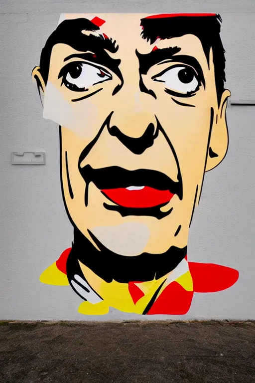 Prompt: Wall mural portrait of Mr Bean, urban art, pop art, artgerm, by Roy Lichtenstein
