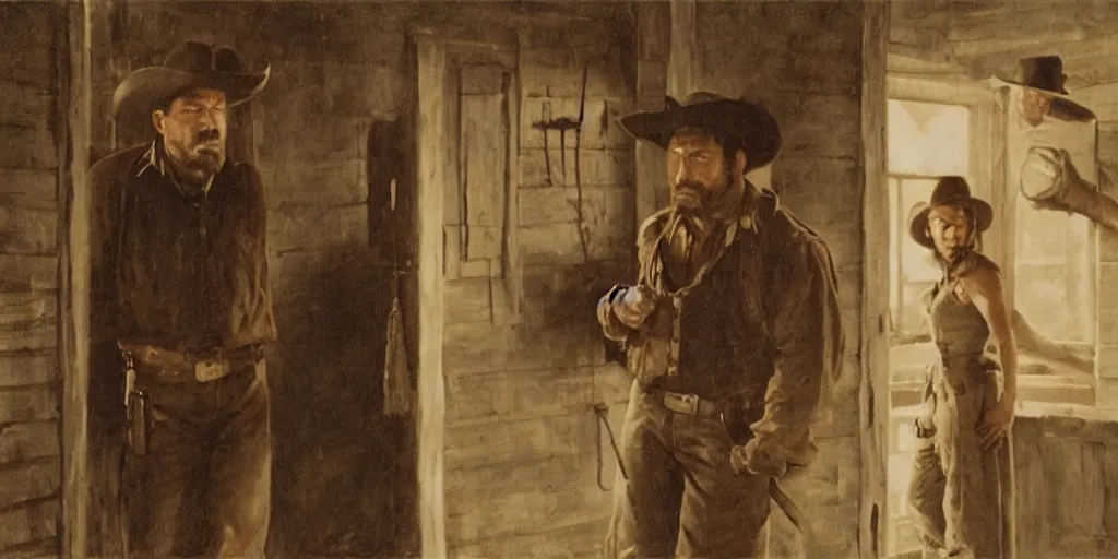 Prompt: in an old west cabin, close up portrait of beautiful Mila Jovovich (alone) in the doorway (left) and Dave Bautista cowboy standing ((alone)) at the window (right), arguing, in the style of Fredrick Remington, oil painting, cinematic