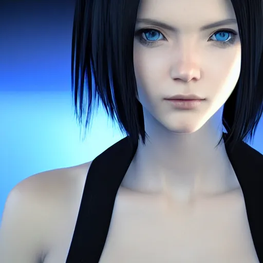 Image similar to « portrait, attractive, blue eyes, black hair, middle length hair, ghost in the shell, front view, unreal engine 5 »