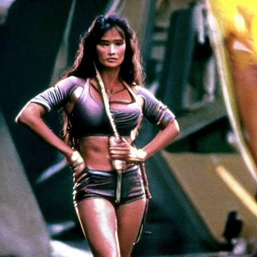 Prompt: movie still, 1 9 8 0 s, tia carrere in sci - fi amazon outfit, hyperdetailed, by ridley scott and john carpenter