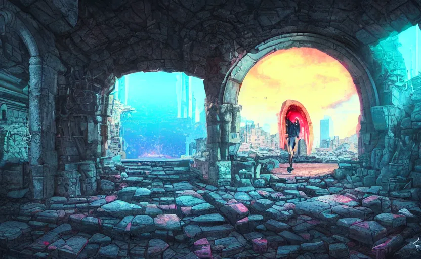 Image similar to a portal in the floor, ancient ruins, epic retrowave art, trending on art station