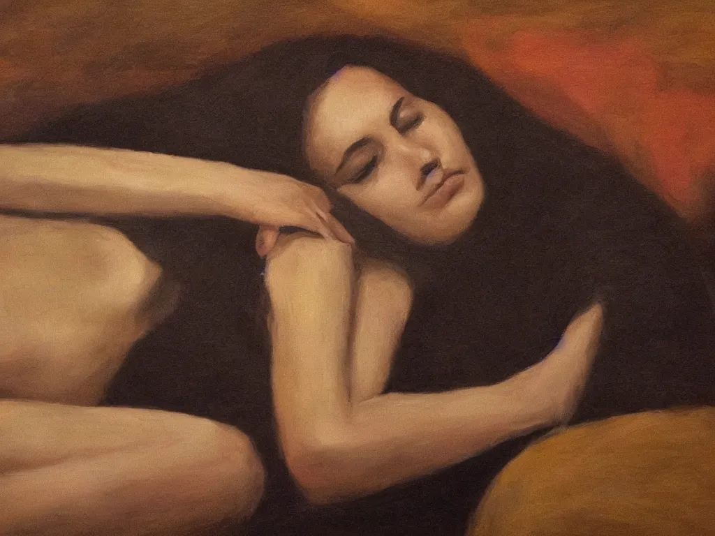 Prompt: an award winning portrait of beautiful woman sleeping in a theatre, oil on canvas, masterpiece, realism, piercing gaze, autumn bokeh