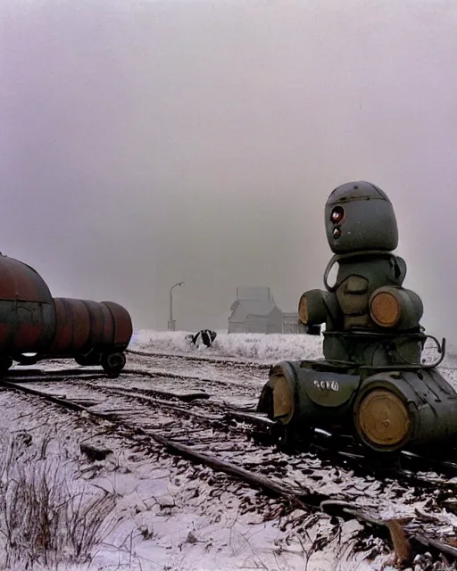 Prompt: giant oversized chubby bulky armored train penguin Dachshund mech, with big Dachshund head , rocket launcher , on a village , Cinematic focus, fujicolor photo, vintage, neutral colors, soft lights, foggy, panorama by by Serov Valentin, by lisa yuskavage, by Andrei Tarkovsky