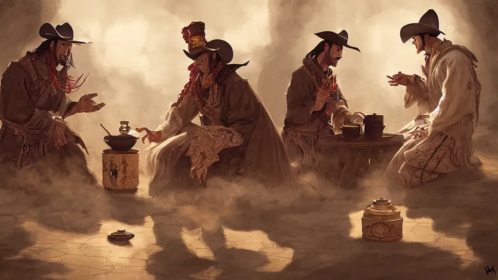 Prompt: Tea ceremony between a Western cowboy and a dragon, high fantasy concept art by Mark Winters