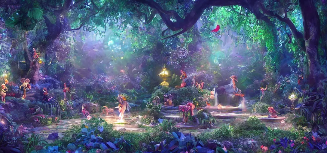 Image similar to a magic garden, with monkeys playing with diamonds, fairies and scissors, details, smooth, sharp focus, illustration, realistic, cinematic, artstation, gold, ornate, award winning, original modern artwork, rgb ethereal lighting, 8k