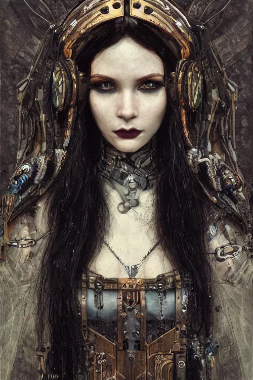 Image similar to portrait of beautiful young gothic maiden, cyberpunk, Warhammer, highly detailed, artstation, illustration, art by Gustav Klimt