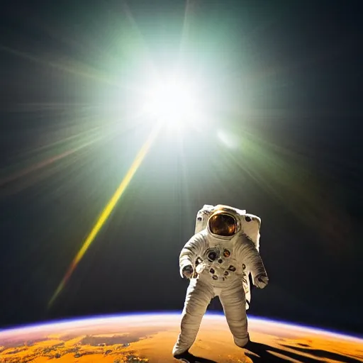 Image similar to photograph of an astronaut in space, singular light source from below, earth only visible below, full body photo, amazing light and shadow contrast, 8 k