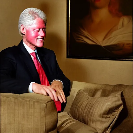 Prompt: bill clinton hanging out in the champagne room, photorealistic, high detail, dimly lit,