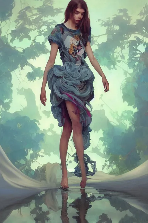 Image similar to an hyper intricate oil painting of gen z model wearing a fashion outfit with a clean t - shirt for mockups, full body ultra fashion model pose by vogue, excellent composition, by yoshitaka amano, by greg rutkowski, by alphonse mucha, by rhads, by ross tran, trending on artstation