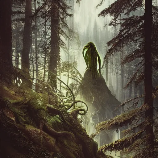 Prompt: cthulhu towering over the forest, 8 k octane beautifully detailed render, post - processing, extremely hyper - detailed, intricate, epic composition, cinematic lighting, masterpiece, trending on artstation, masterpiece, stunning art by anders zorn, wonderful masterpiece by greg rutkowski, beautiful cinematic