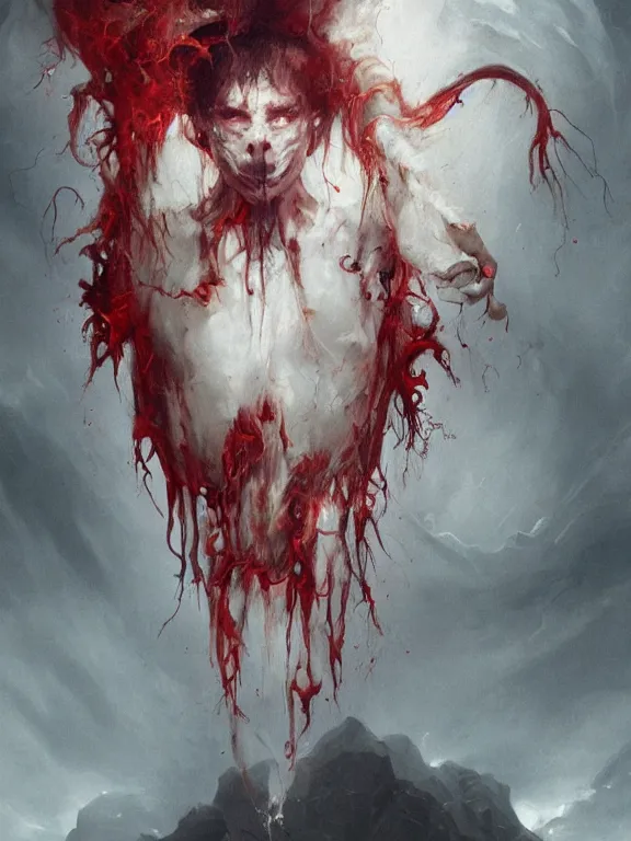 Image similar to painting by greg rutkowski of a flying sorrowful looking human head with tears running down it's eyes, face that is chalk white in color, with long sprawling white tentacles stemming down it's neck, fiery scorching red eyes, flying in a terrying hellish dark cavernous place