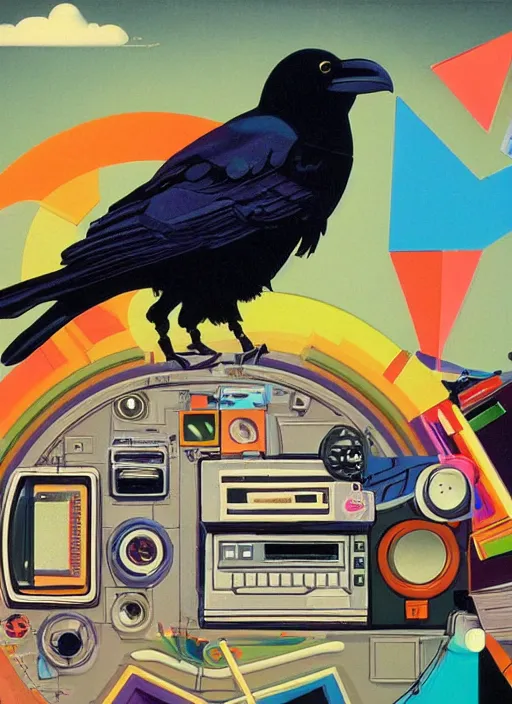 Image similar to a raven digging through 8 0 s era technology, vintage shapes, retro technology, happy color, wayne barlow, oil on canvas, deep depth field, masterpiece, cinematic composition, hyperdetailed