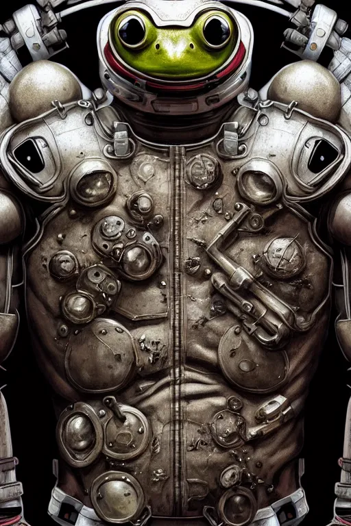 Image similar to a portrait of a muscular anthropomorphic cyberpunk frog in spacesuit armor with ensignia on chest plate by sandra chevrier, by jon foster, detailed render, post - processing, extremely hyperdetailed, intricate, epic composition, cybernetics, 4 k realistic, cryengine, realistic shaded lighting, sharp focus, masterpiece, by enki bilal