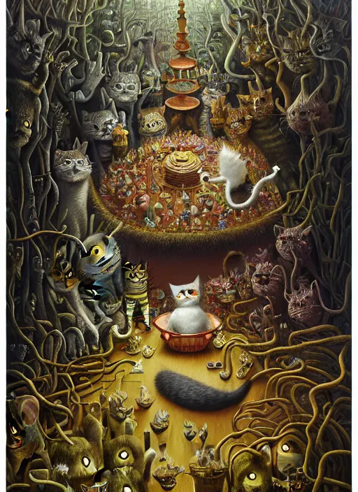 Image similar to hyper detailed 3d render, Oil painting, a cat dinner party - where the wild things are by Jacek Yerka, Mariusz Lewandowski, Houdini algorithmic generative render, Abstract brush strokes, Masterpiece, Edward Hopper and James Gilleard, Zdzislaw Beksinski, Mark Ryden, Wolfgang Lettl, hints of Yayoi Kasuma, octane render, 8k