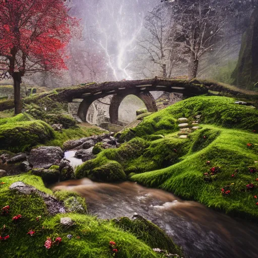 Image similar to spring festival at medieval hobbit village, ornate, beautiful, atmosphere, vibe, mist, smoke, fire, chimney, rain, wet, pristine, puddles, waterfall, melting, dripping, snow, creek, moss, ice, bridge, lightning, cobble, rainforest, roses, flowers, color page, 4 k, contest winner