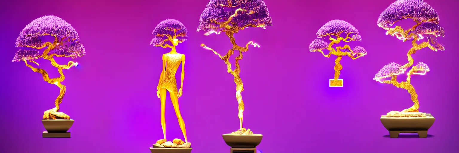 Image similar to beautiful mannequin sculpted out of amethyst by billelis + lit with geometric neon dripping gold + kintsugi, facing a doorway opening with neon pink geometric fractal light + flowering bonsai trees + lighting in background!!, transcendent, clean linework, dramatic, finely detailed, award winning, 4 k, trending on artstation, photorealistic, volumetric lighting, octane render