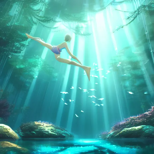 Prompt: young girl swimming in underwater forest with birds, light rays through water, sharp focus, Miyazaki, Makoto Shinkai, Highly Detailed, Cinematic Lighting, 8k, HD