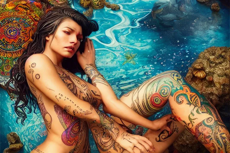 Image similar to a centered full body render of an alluring festival hippy with tribal tattoos surrounded by a underwater ink pour and flowing liquid gallium and sacred geometry, perfect body and face, gorgeous, cinematic, beautifully lit, by artgerm, by karol bak, by donato giancola, 3 d, trending on artstation, octane render, 8 k